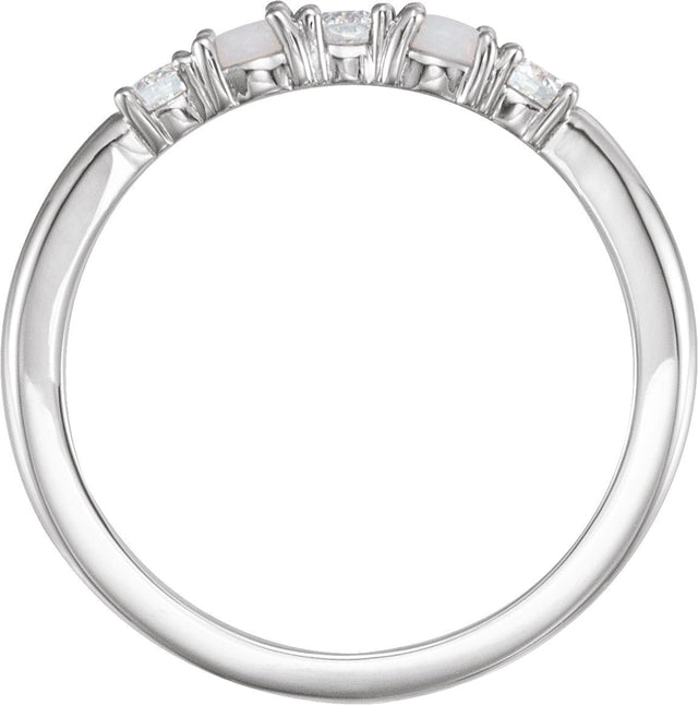 Platinum Round Natural White Opal & Natural Diamond Stackable Ring - view 2