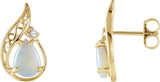 14K Gold Pear Natural White Opal & Natural Diamond Accented Cabochon Sculptural Earrings