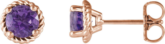 14K Gold Round Natural Amethyst Rope Earrings - Rose Gold