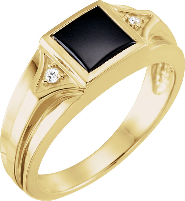 14K Gold Square Natural Black Onyx & Natural Diamond Accented Bezel-Set Ring