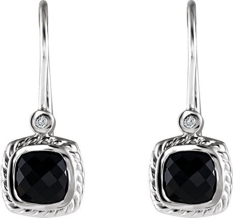 14K Gold Cushion Natural Black Onyx & Natural Diamond Accented Bezel-Set Earrings - view 2
