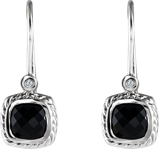 14K Gold Cushion Natural Black Onyx & Natural Diamond Accented Bezel-Set Earrings - view 2