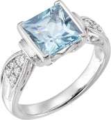 14K Gold Square Natural Aquamarine & Natural Diamond Milgrain Accented Half Bezel Ring