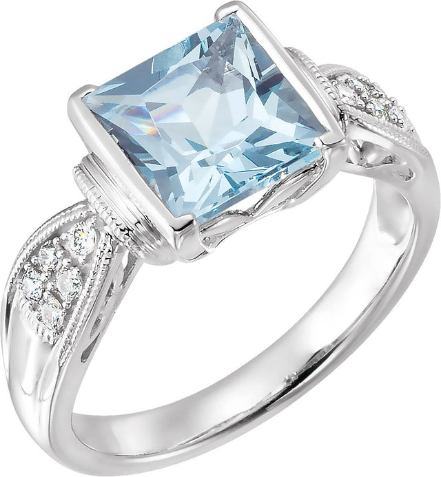 14K Gold Square Natural Aquamarine & Natural Diamond Milgrain Accented Half Bezel Ring