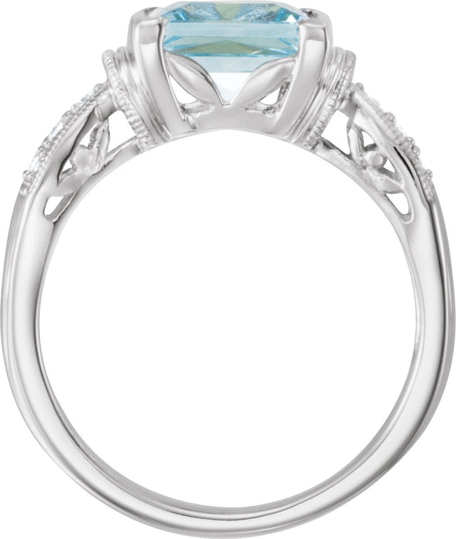 14K Gold Square Natural Aquamarine & Natural Diamond Milgrain Accented Half Bezel Ring - view 2