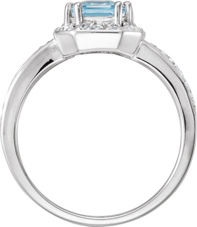 14K Gold Emerald Natural Aquamarine & Natural Diamond Halo-Style Ring - view 2