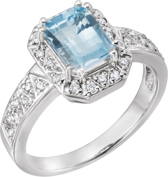 14K Gold Emerald Natural Aquamarine & Natural Diamond Halo-Style Ring