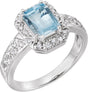 14K Gold Emerald Natural Aquamarine & Natural Diamond Halo-Style Ring