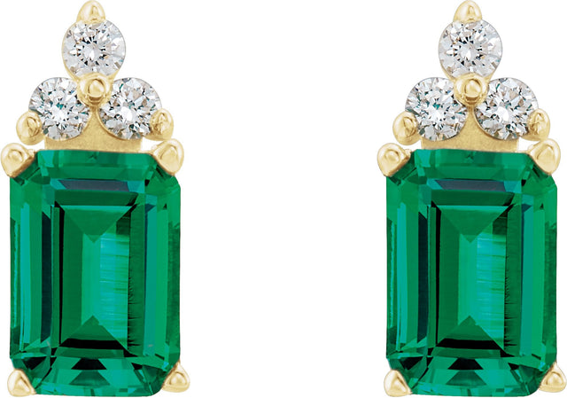 14K Gold Lab-Grown Emerald & Natural Diamond Emerald 4-Prong Accented Earrings - view 2