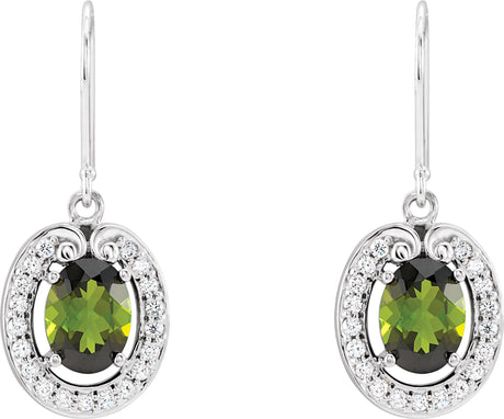 14K Gold Natural Green Tourmaline & Natural Diamond Oval Halo-Style Earrings - view 2