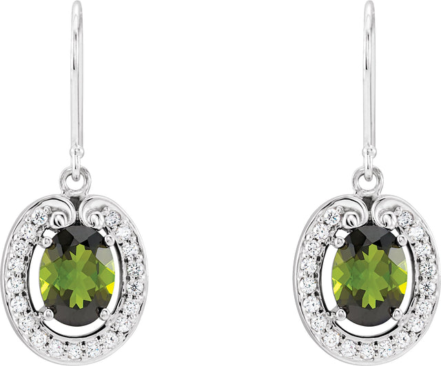 14K Gold Natural Green Tourmaline & Natural Diamond Oval Halo-Style Earrings - view 2