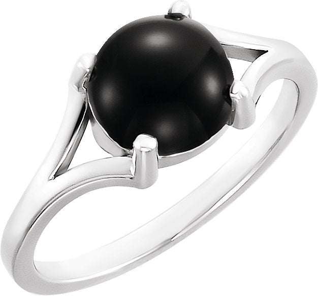 14K Gold Round Natural Black Onyx Cabochon Ring - White Gold