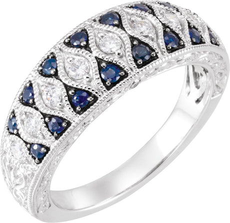 14K Gold Round Natural Blue Sapphire & Natural Diamond Granulated Accented Ring