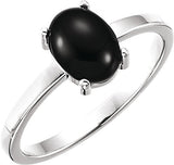 14K Gold Oval Natural Black Onyx Cabochon Solitaire Ring - White Gold
