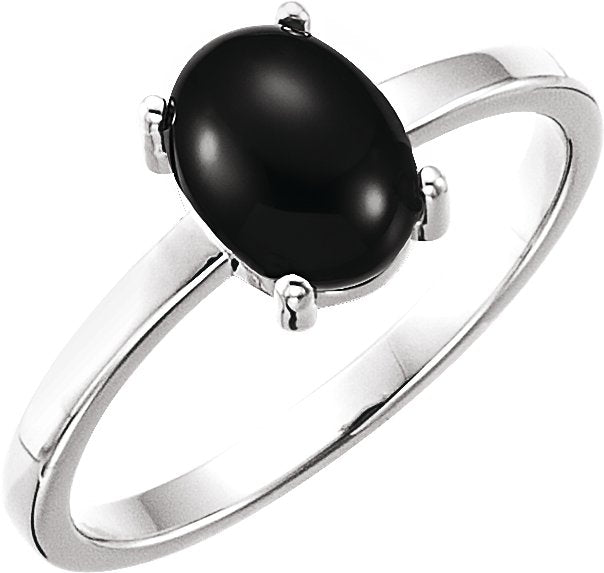 14K Gold Oval Natural Black Onyx Cabochon Solitaire Ring - White Gold