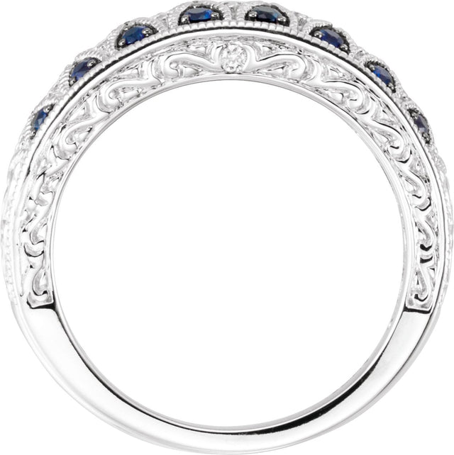 14K Gold Round Natural Blue Sapphire & Natural Diamond Granulated Accented Ring - view 2