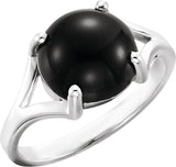 14K Gold Round Natural Black Onyx Cabochon Ring - White Gold