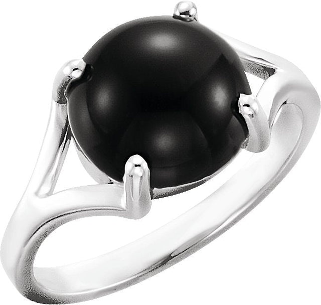 14K Gold Round Natural Black Onyx Cabochon Ring - White Gold