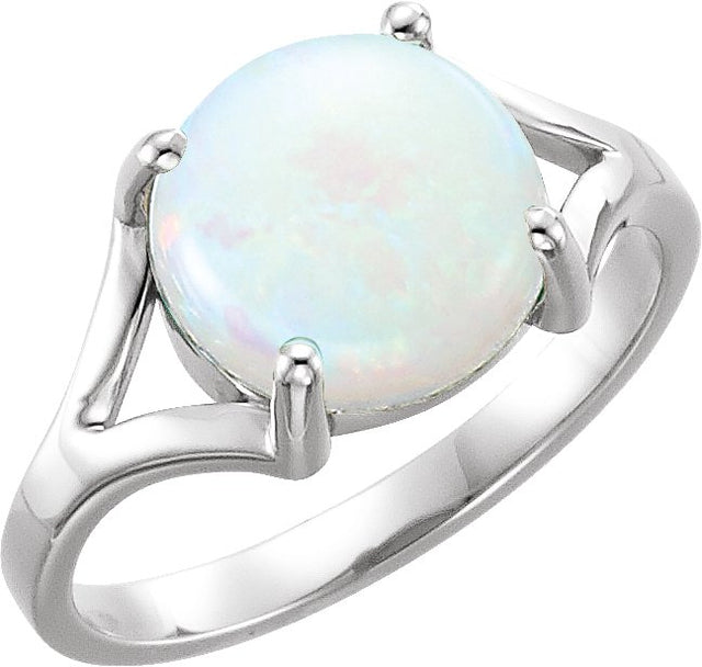 14K Gold Round Natural White Opal Cabochon Ring - White Gold