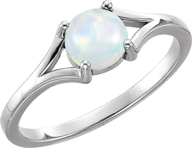 14K Gold Round Natural White Opal Cabochon Ring - White Gold