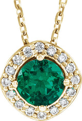 14K Gold Round Lab-Grown Emerald & Natural Diamond Halo-Style Necklace or Pendant – 0.08 CTW - Yellow Gold