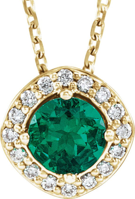 14K Gold Round Lab-Grown Emerald & Natural Diamond Halo-Style Necklace or Pendant – 0.08 CTW - Yellow Gold