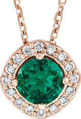 14K Gold Round Lab-Grown Emerald & Natural Diamond Halo-Style Necklace or Pendant – 0.08 CTW - Rose Gold