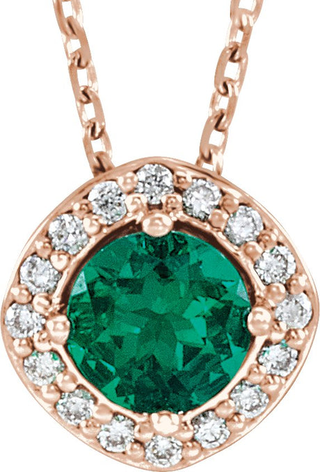 14K Gold Round Lab-Grown Emerald & Natural Diamond Halo-Style Necklace or Pendant – 0.08 CTW - Rose Gold