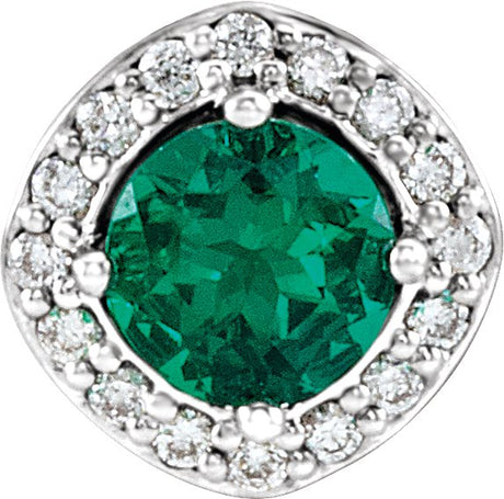 14K Gold Round Lab-Grown Emerald & Natural Diamond Halo-Style Necklace or Pendant – 0.08 CTW - White Gold