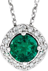 14K Gold Round Lab-Grown Emerald & Natural Diamond Halo-Style Necklace or Pendant – 0.08 CTW - White Gold