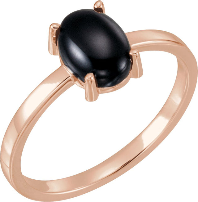 14K Gold Oval Natural Black Onyx Cabochon Solitaire Ring - Rose Gold