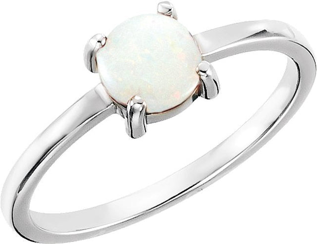 14K Gold Oval Natural Opal Cabochon Solitaire Ring - White Gold