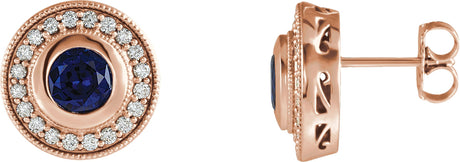 14K Gold Lab-Grown Blue Sapphire & Natural Diamond Round Bezel-Set Halo-Style Earrings - Rose Gold