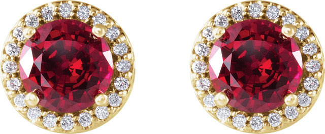 14K Gold Lab-Grown Ruby & Natural Diamond Round 4-Prong Halo-Style Earrings – 4-6mm Stones - Yellow Gold - view 2