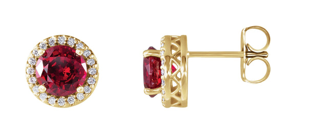 14K Gold Lab-Grown Ruby & Natural Diamond Round 4-Prong Halo-Style Earrings – 4-6mm Stones - Yellow Gold