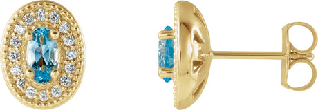 14K Gold Natural Aquamarine & Natural Diamond Oval 4-Prong Halo-Style Earrings - Yellow Gold