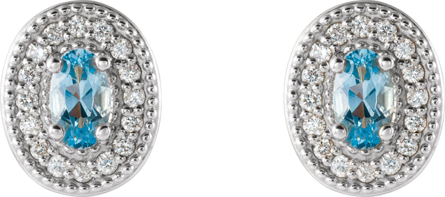 Platinum Natural Aquamarine & Natural Diamond Oval 4-Prong Halo-Style Earrings - view 2