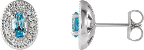 Platinum Natural Aquamarine & Natural Diamond Oval 4-Prong Halo-Style Earrings