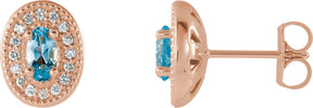 14K Gold Natural Aquamarine & Natural Diamond Oval 4-Prong Halo-Style Earrings - Rose Gold