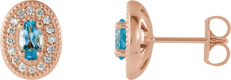 14K Gold Natural Aquamarine & Natural Diamond Oval 4-Prong Halo-Style Earrings - Rose Gold