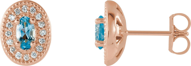 14K Gold Natural Aquamarine & Natural Diamond Oval 4-Prong Halo-Style Earrings - Rose Gold