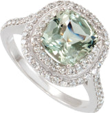 14K Gold Cushion Natural Green Quartz & Natural Diamond Double Halo-Style Ring