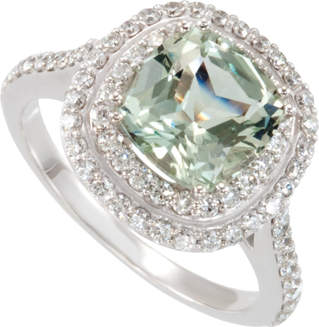 14K Gold Cushion Natural Green Quartz & Natural Diamond Double Halo-Style Ring