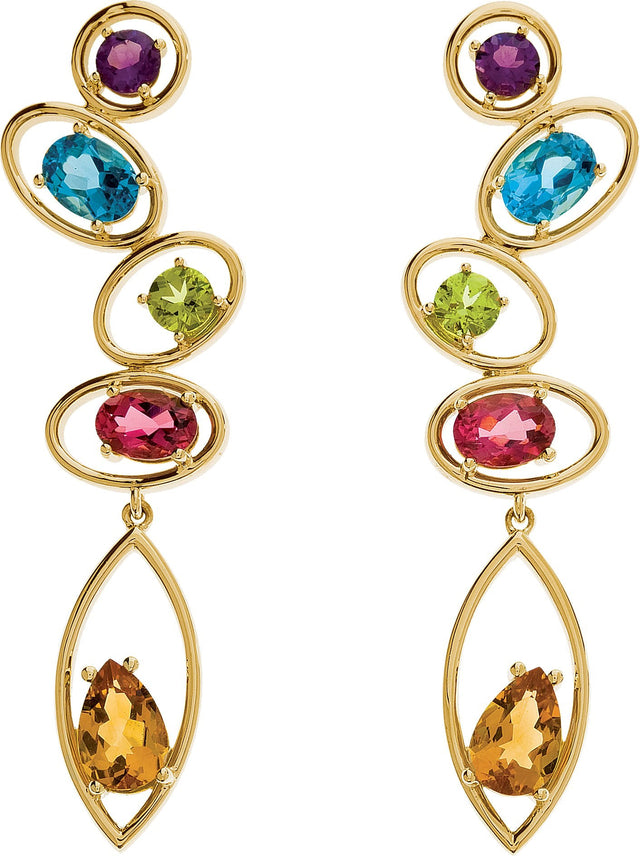 14K Gold Natural Amethyst & Natural Swiss Blue Topaz & Natural Peridot & Natural Pink Tourmaline & Natural Citrine Multi-Gemstone Earrings - view 2