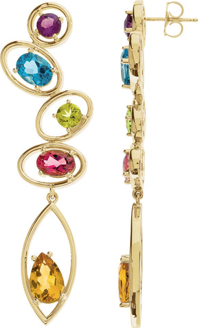 14K Gold Natural Amethyst & Natural Swiss Blue Topaz & Natural Peridot & Natural Pink Tourmaline & Natural Citrine Multi-Gemstone Earrings