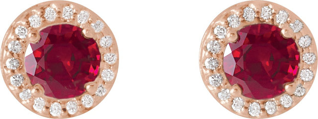 14K Gold Lab-Grown Ruby & Natural Diamond Round 4-Prong Halo-Style Earrings – 4-6mm Stones - Rose Gold - view 2