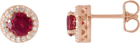 14K Gold Lab-Grown Ruby & Natural Diamond Round 4-Prong Halo-Style Earrings – 4-6mm Stones - Rose Gold