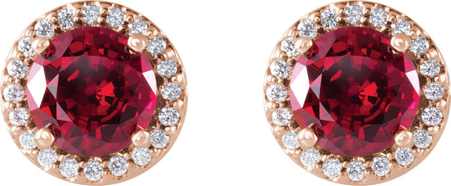 14K Gold Lab-Grown Ruby & Natural Diamond Round 4-Prong Halo-Style Earrings – 4-6mm Stones - Rose Gold - view 2
