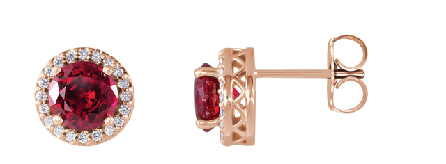 14K Gold Lab-Grown Ruby & Natural Diamond Round 4-Prong Halo-Style Earrings – 4-6mm Stones - Rose Gold
