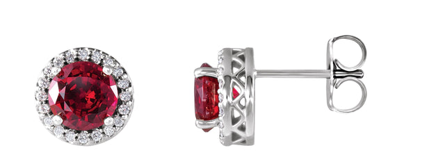 14K Gold Lab-Grown Ruby & Natural Diamond Round 4-Prong Halo-Style Earrings – 4-6mm Stones - White Gold